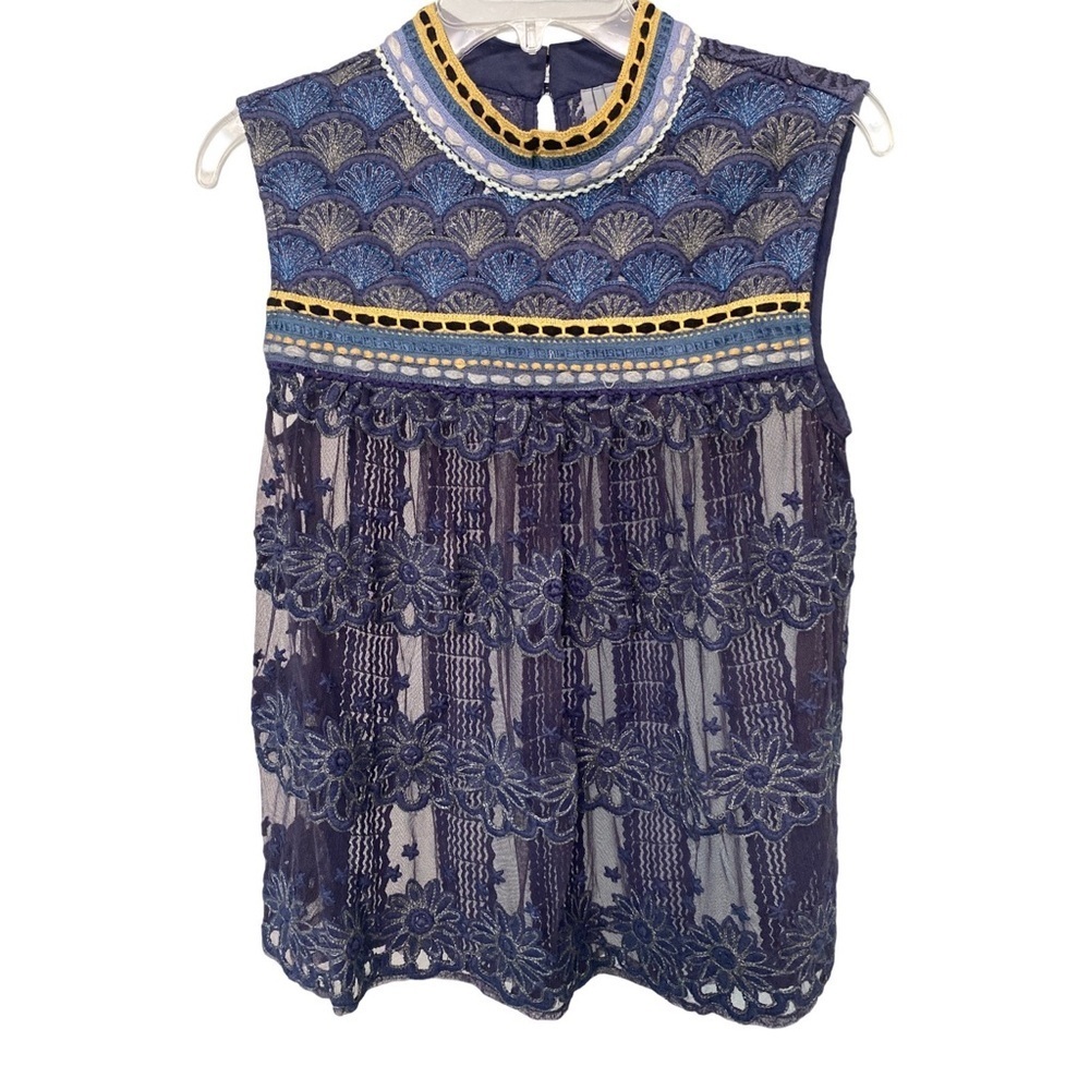 Anthropologie Bl^nk London Navy Embroidered Sleeveless Top Size Small NEW